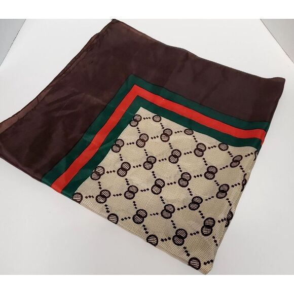 Accessories - VTG Scarf Geometric 27" Square Brown/Red/Green/Tan Bordered Tennis Taiwan Nylon